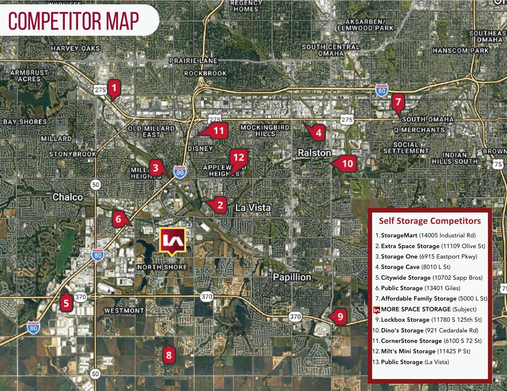 Competitor map showing 12 directly competitive self-storage facilities across the Omaha, Papillion, and La Vista trade area