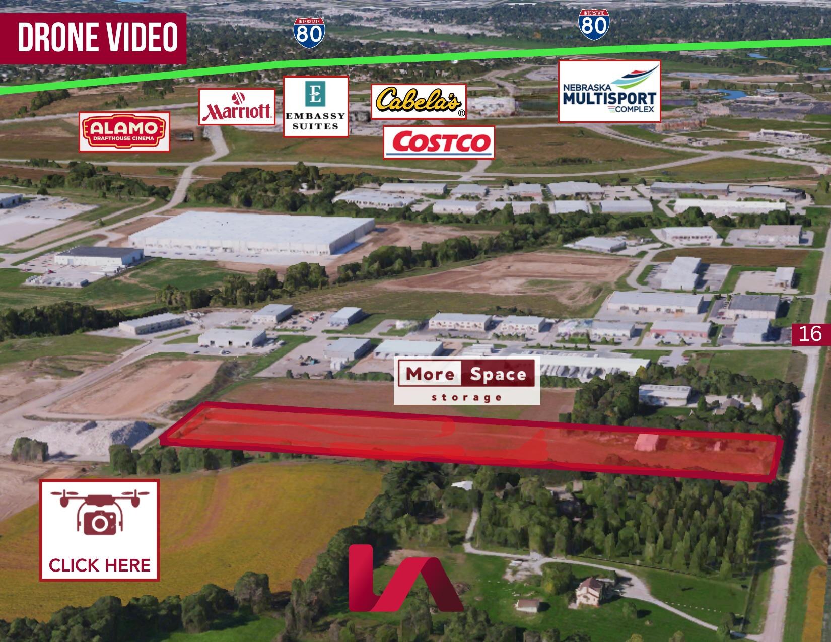 Aerial trade area map showing proximity to Marriott, Embassy Suites, Cabela's, Costco, Alamo Drafthouse Cinema, and Nebraska Multisport Complex